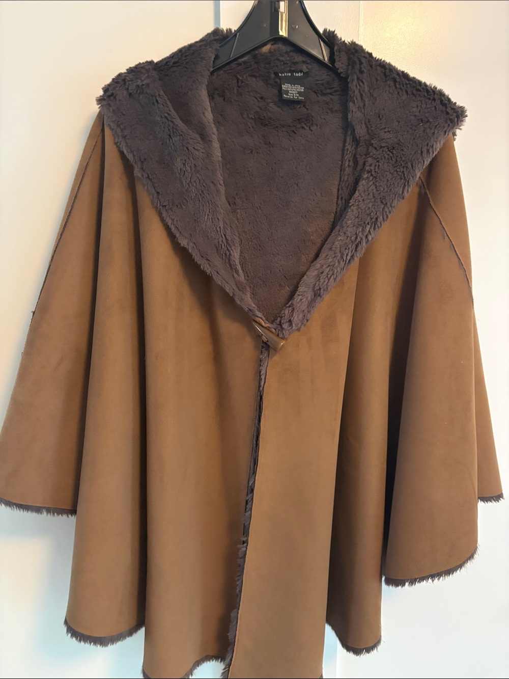 Suede-Feel Hooded Cape in Brown with Faux Fur Trim
